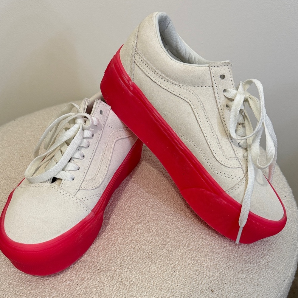 White Suede with pink platform Vans